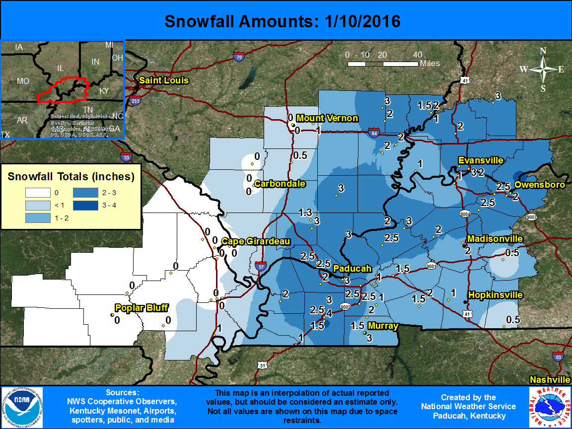 1 to 3 inches of snow fell east of the Mississippi River Saturday night